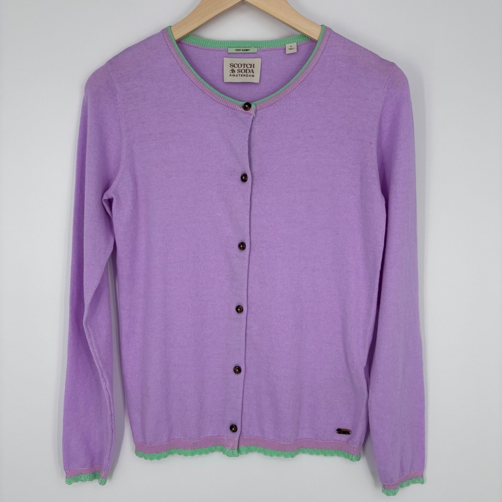 Scotch & Soda Cardigan Womens 14 Purple Green Trim Cotton Wool Scalloped Sweater